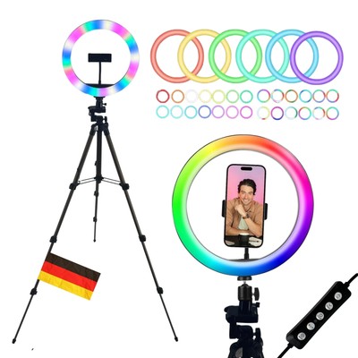 Ringlicht RGB LED mit Premium Smartphone Kamera Stativ Lampe Selfie Video Foto