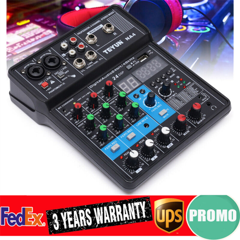 Pro 4 Channel Studio Audio Mixer Bluetooth USB DJ Live Sound Mixing Console !