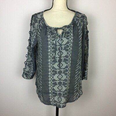 NWT Fred David Blouse Top Size M Womans Gray 3/4 Open Panel Sleeves Tie Neck
