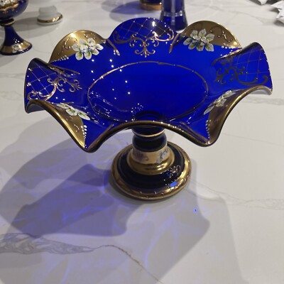 Czech Vintage Bohemian Glass Candy/Fruit Vase 24K Gold Hand Painted Cobalt Blue