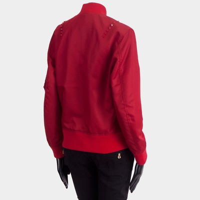 Pre-owned Valentino 3290$ Red Satin Bomber Jacket - Rockstuds, Zip Up, Sleeve Pocket