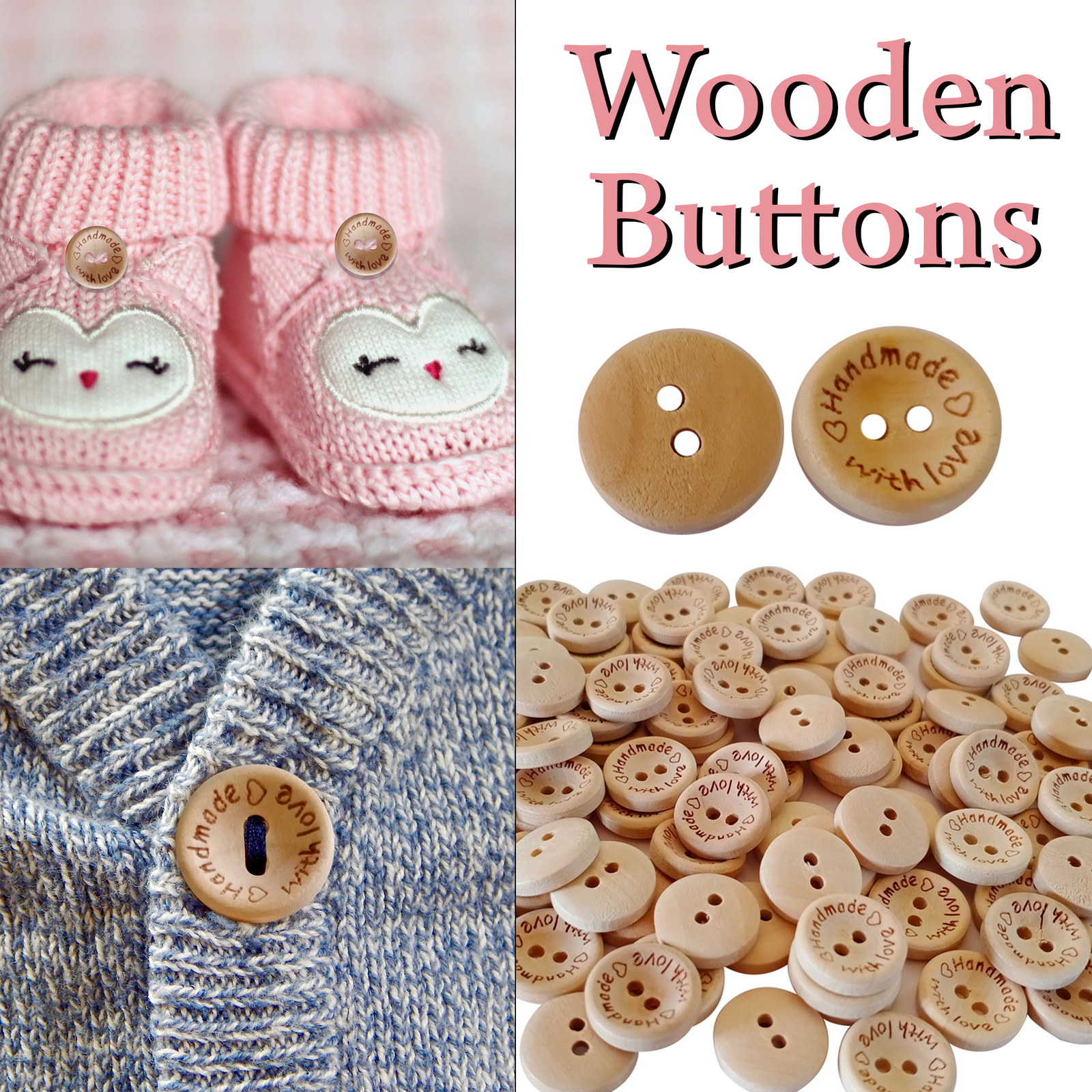 Handmade with Love Natural Wood Buttons for Sewing Scrapbook Clothing Crafts