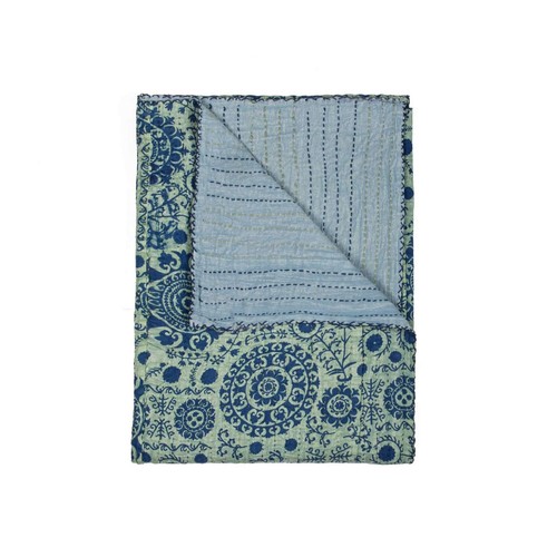 Одеяло из хлопка Kantha с цветочным рисунком размером 50 X 70 см розового, серого и голубого цветов с вышивкой