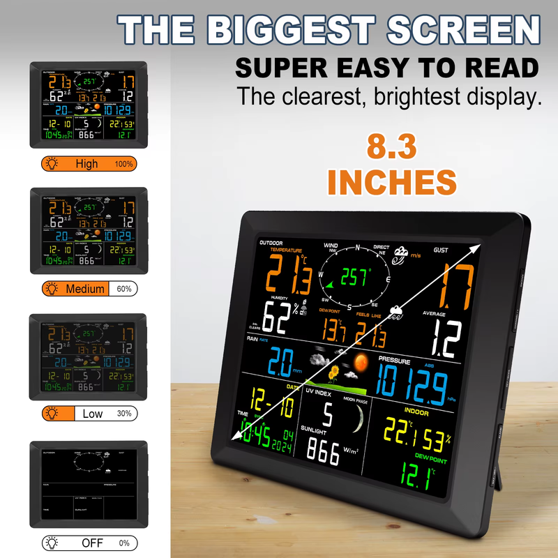 8.3" WiFi Weather Station 14-in-1 with Solar Sensor 328FT Range Real-Time Sync t