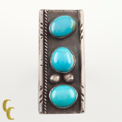 Silver Three Turquoise Plaque Ring Size 6.5 Nice Patina! Great Gift!