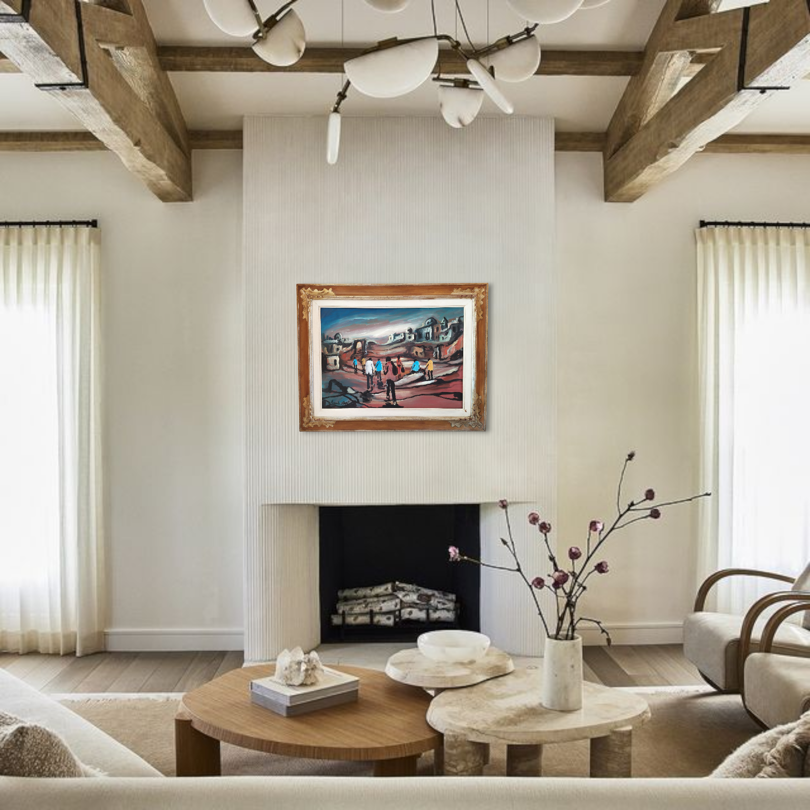 Original Italian Modern Surrealist Oil Painting Landscape with Figures signed