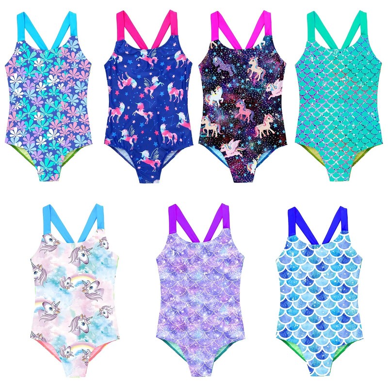 US Kids Girls Swimsuit Cute Cartoon Print Criss Cross Back Swimwear Bathing Suit