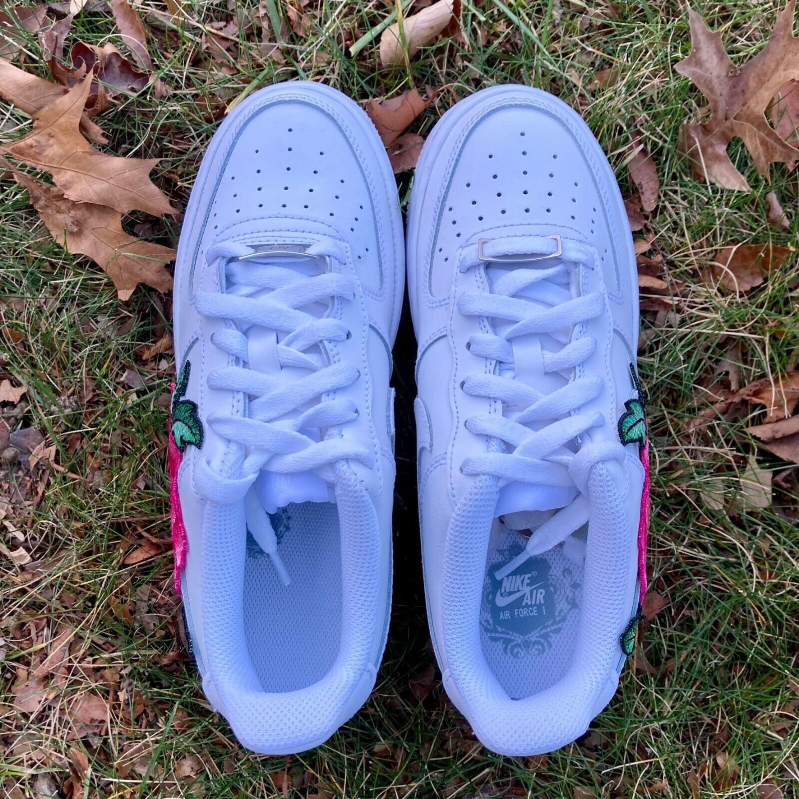 Pre-owned Nike Air Force 1 Low Custom White Shoes Pink Rose Embroidery Floral Mens Womens