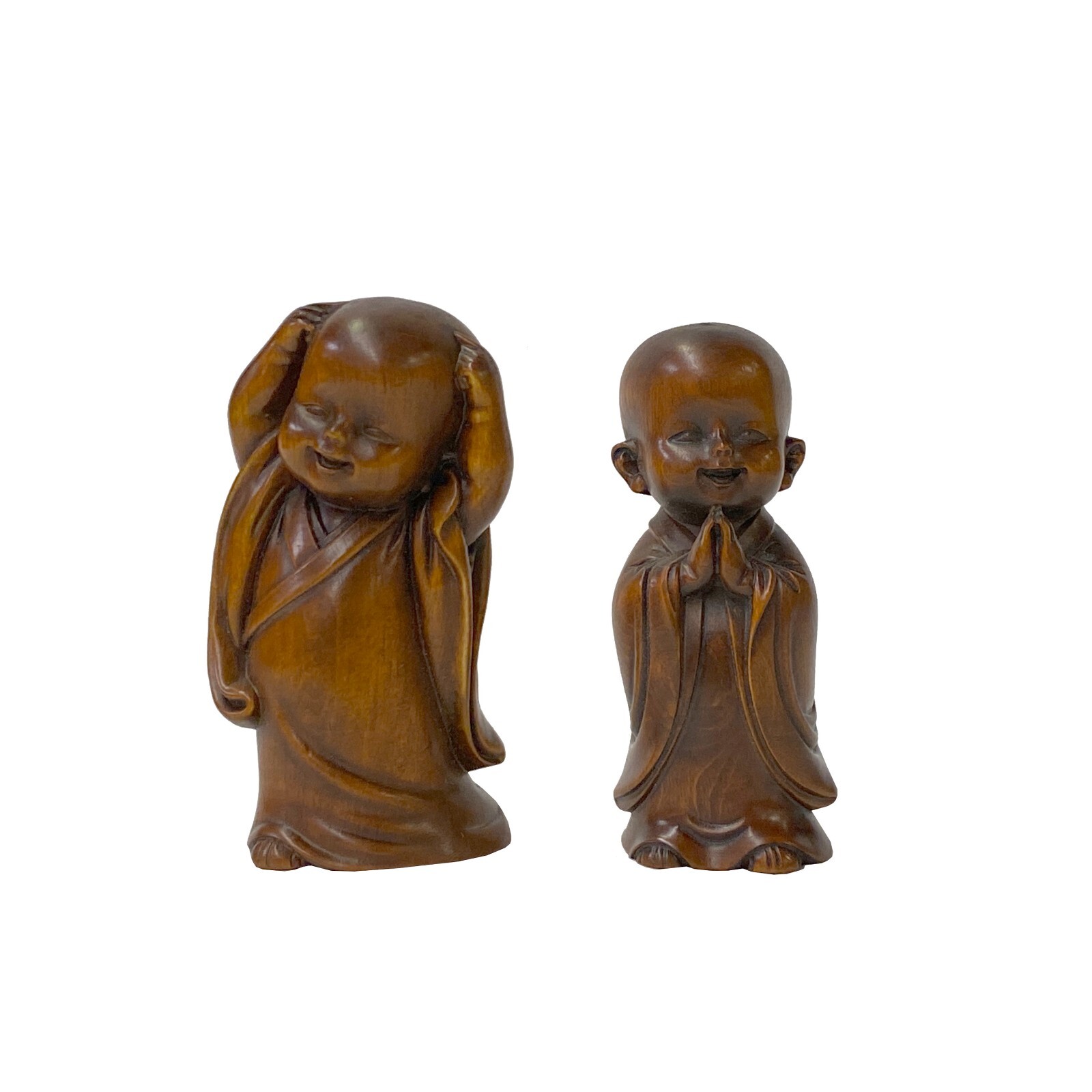 Chinese Pair Wood Carved Mini Kid Arhat Monk Lohon Figures ws3183S Chinese Pair Wood Carved Mini Kid Arhat Monk Lohon Figures ws3183S