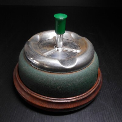 Push-button metal chrome gray green vintage art deco smoker table ashtray N8957