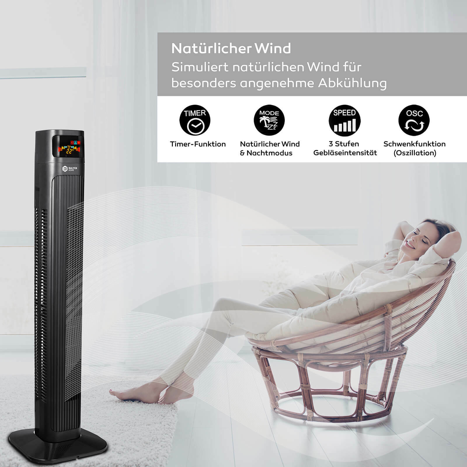 Turmventilator mit Fernbedienung 98cm Ventilator Timer Säulenventilator