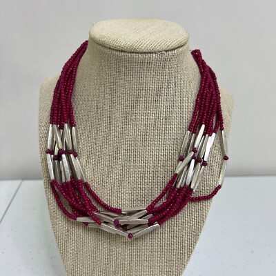 Premier Designs Necklace Berry Bright Beaded Silver Tone Pink Multi Strand Layer