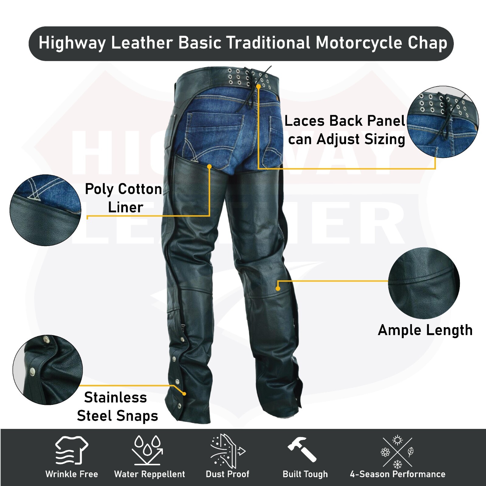 Highway Leather Lined Chaps Motorcycle Riding Bikers Chap Black SKU # HL12800SPT