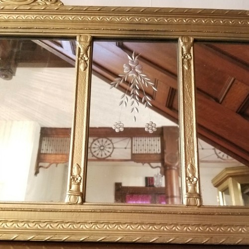 Antique Gold Gilt Wood Carved 5 Panel Victorian Mirror Reverse Etched Floral...