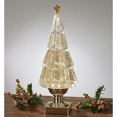Glitter Swirl LED Lighted Water Snow Globe Christmas Tree Table Accent Gold