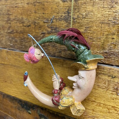 Rare Katherine's Collection Jester Moon Fishing 3 3/4'' Resin Ornament -Two Fish
