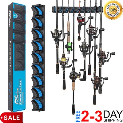 Vertical Fishing Rod Holder Wall Mounted Organizer Rack Blue Garage 9 Rods Pole