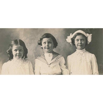 Small Antique Photo Siblings Little Girls Boy Sailor Suit Anchor Curls Bows