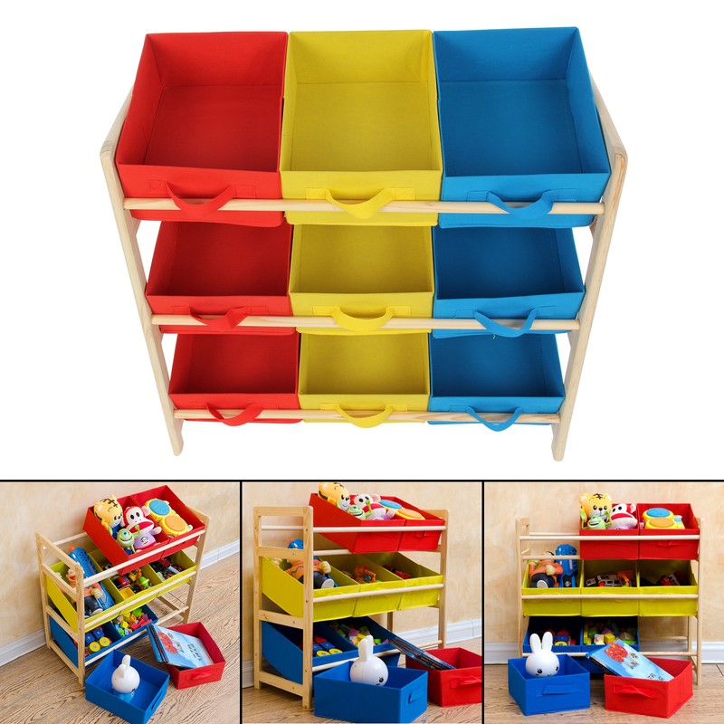 Childrens Toy Storage Unit Kids Shelf 3 Tier 9 Canvas Drawer