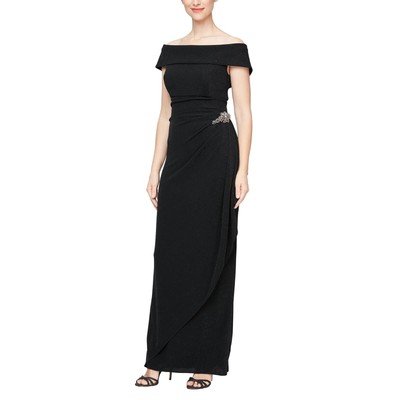 Длинное трикотажное платье с открытыми плечами из металлизированной ткани Alex Evenings с украшениями на бедрах