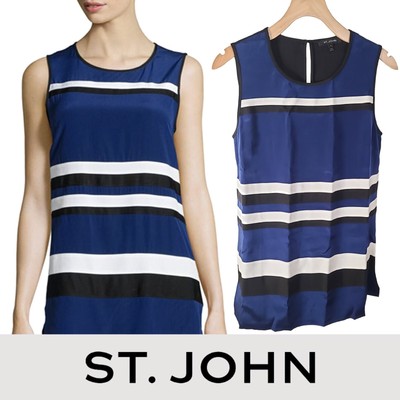 ST. JOHN S Blue White Striped Silk Sleeveless Tunic Top NWOT
