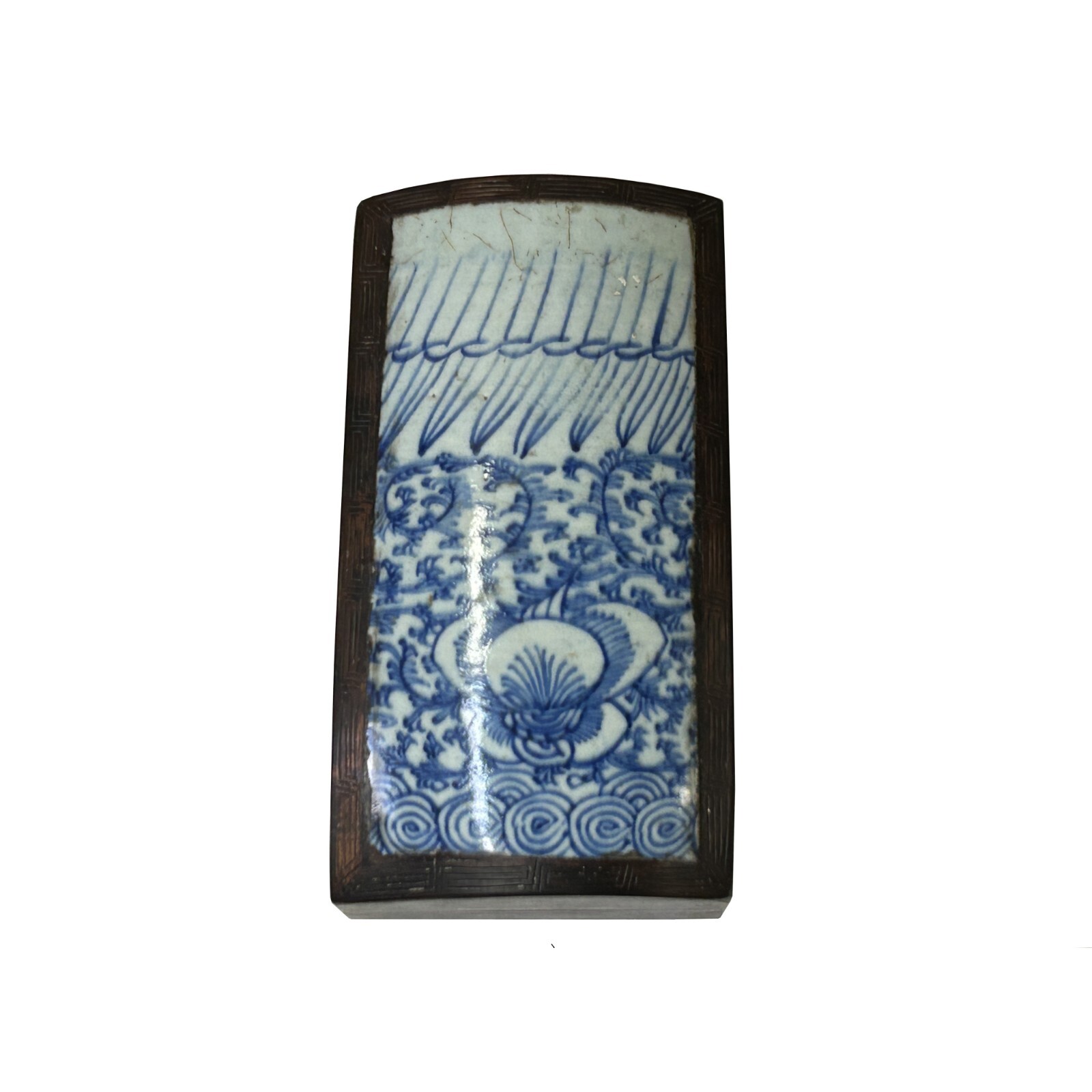Chinese Old White Base Blue Scroll Flowers Porcelain Brown Wood Box ws3881S Chinese Old White Base Blue Scroll Flowers Porcelain Brown Wood Box ws3881S