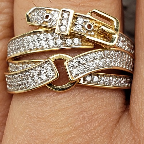 Pre-owned Buckle Wide Real 14k Yellow Gold Belt  Ring Size 56789 1.5 Carat Cz In White