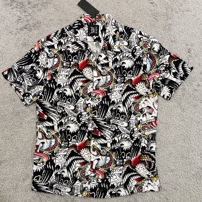 Ed Hardy Button Up Shirt Mens Small Battle Skull Snake Eagle Y2K Punk NEW NWT