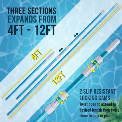 Pro 12ft Blue Anodized Aluminum Telescopic Swimming Pool Pole Adjustable 3 Piece