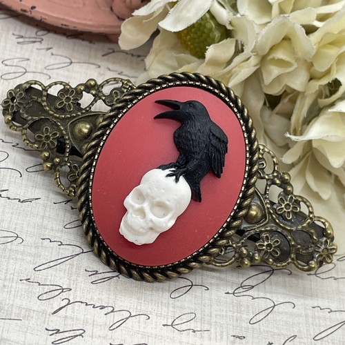 Gothic Punk Red SKULL Black  RAVEN Cameo Wedding Prom Pin Hair Clip Viking CROW