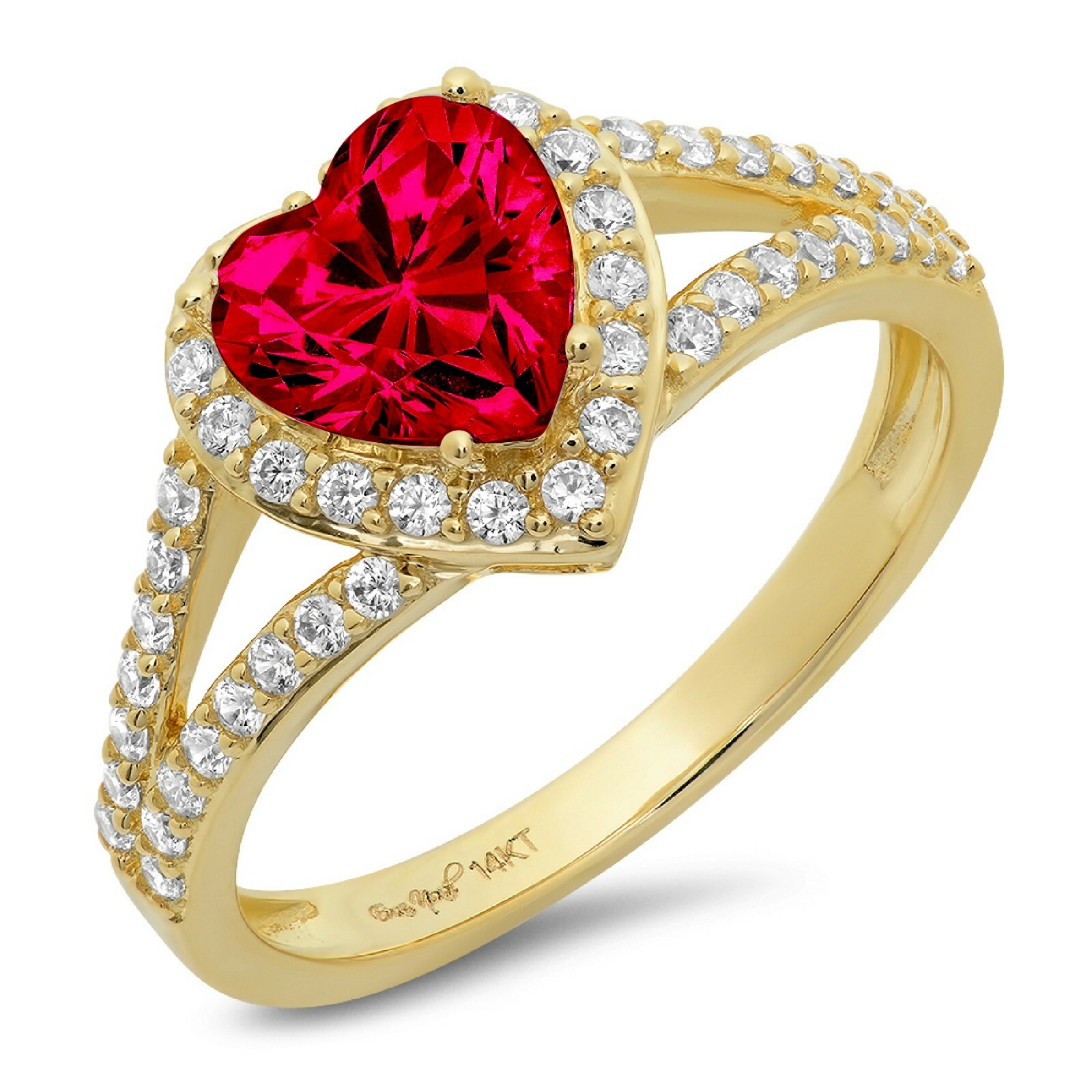 Pre-owned Pucci 1.75ct Heart Split Shank Simulated Ruby Promise Wedding Ring 14k Yellow Gold In Red