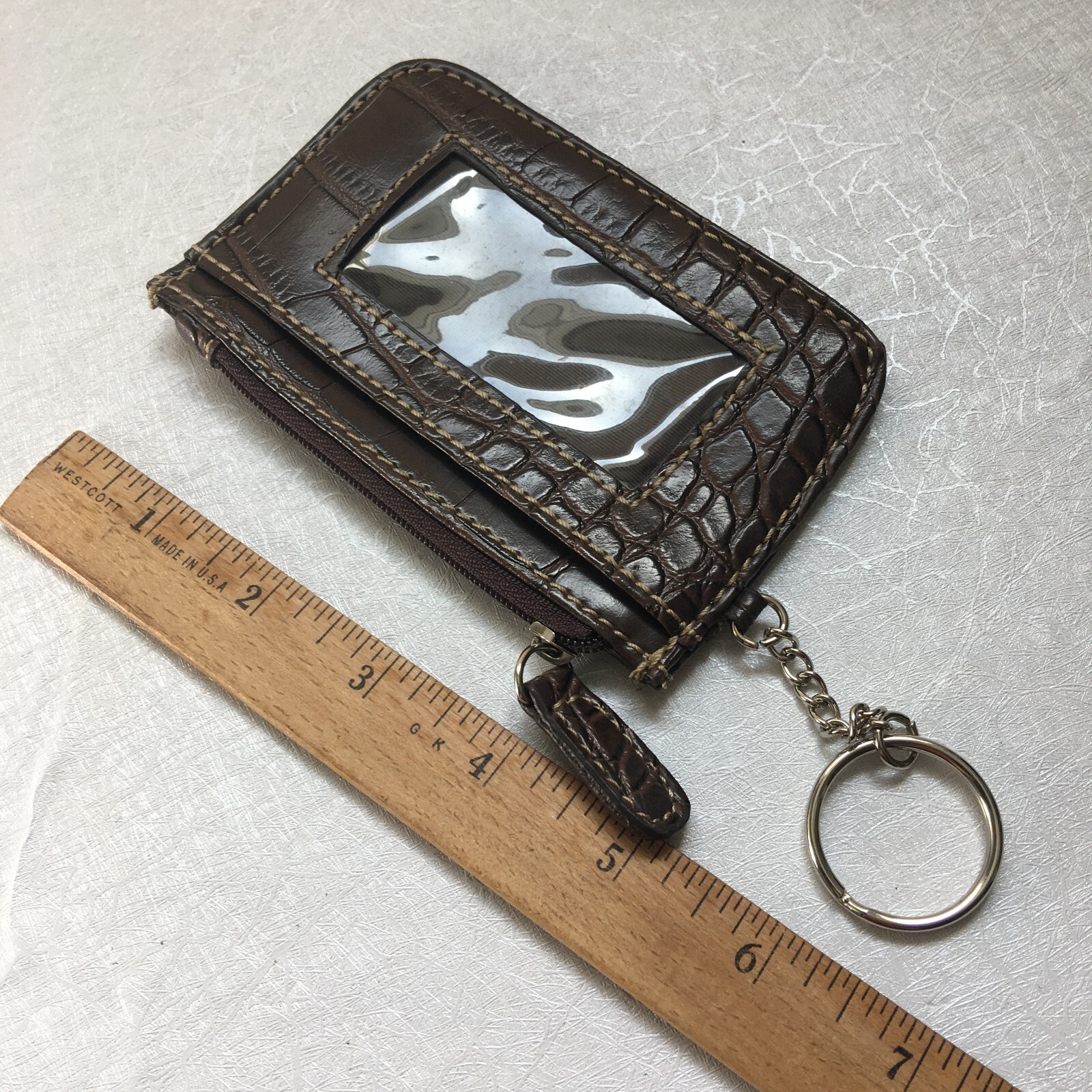 VTG Womens Tooled Crocodile Leather Coin Purse Card ID Wallet W/ Keyring 4.75"L