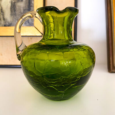 Vtg GREEN Art Crackle Glass Mini Pitcher Applied Handle blenko rainbow 3