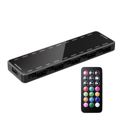 9 ARGB-PWM Fan Controller Hub Splitter + Remote For PC W/10 5v-3pin RGB Ports 