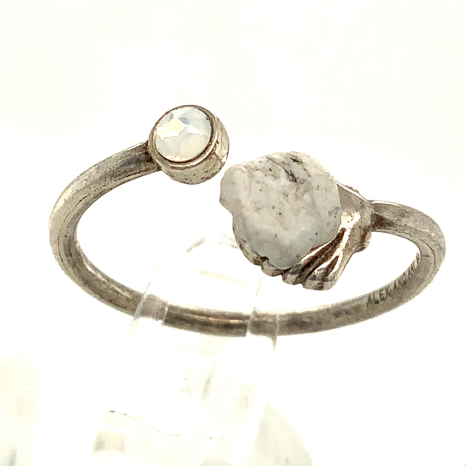 Vintage Signed Alex and Ani Sterling CZ with Raw White Stone Adjustable Ring 10