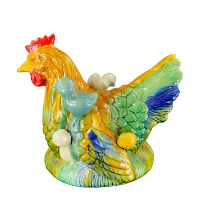 Heavy Glazed Majolica Style Ceramic Hen Chicken With Babies Large Stoneware Dec