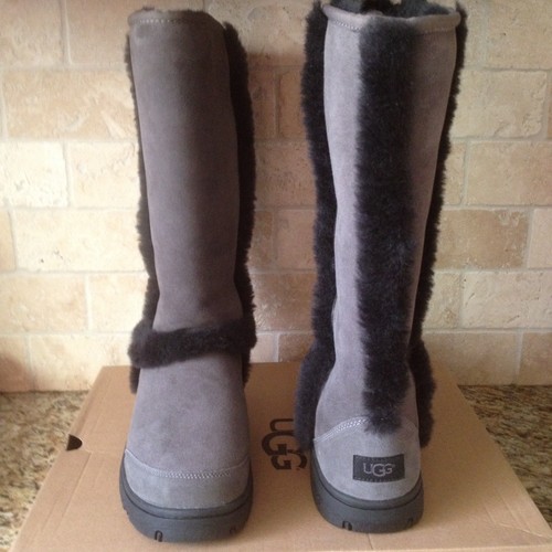 Pre-owned Ugg Sunburst Tall Grey Gray Black Suede Sheepskin Boots Size Us 11 Women In Grey / Black