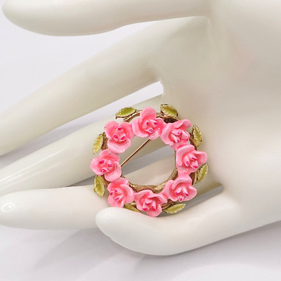 Pink Rose Flower Floral Wreath Enamel and Gold Tone Small Vintage Pin Brooch
