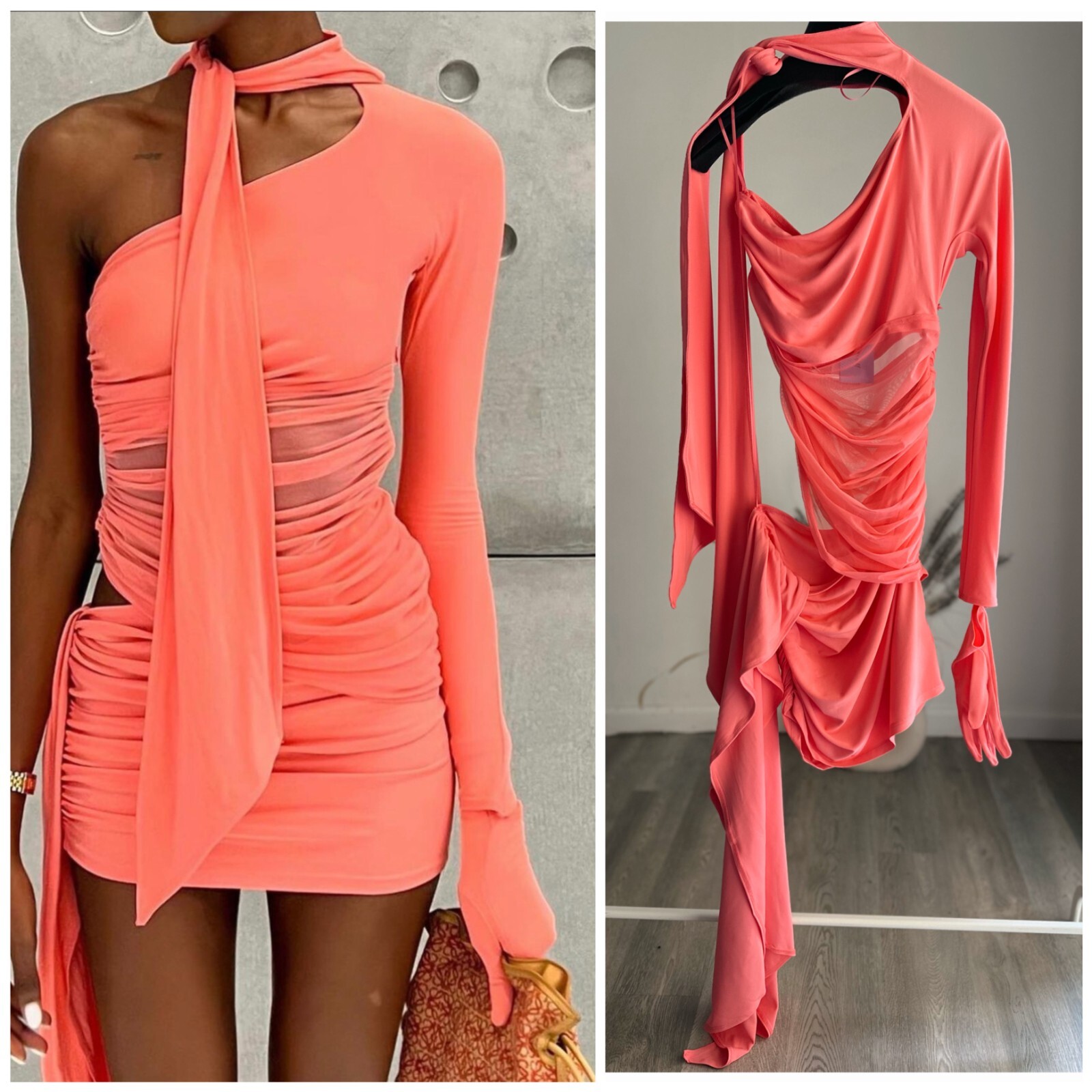 【関税込み】Mugler レッド オフショルダー ルーシュ ミニドレス ANGEL R/エンジェルアール】フラワーレースオフショルダー