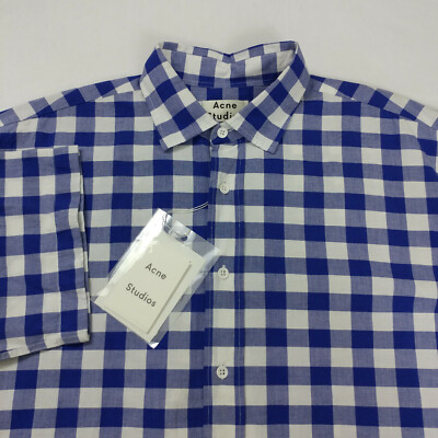 $370 Acne Studios Short Sleeve Button Up Shirt Cotton Linen Plaid Size 46 Men 