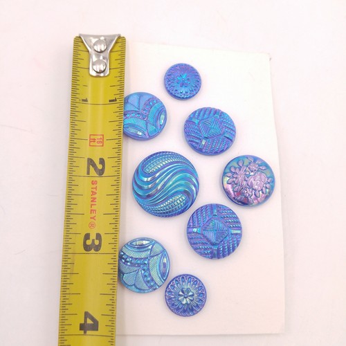 Lot of 8 Glass Iridescent Blue Buttons - Round Textured Pattern