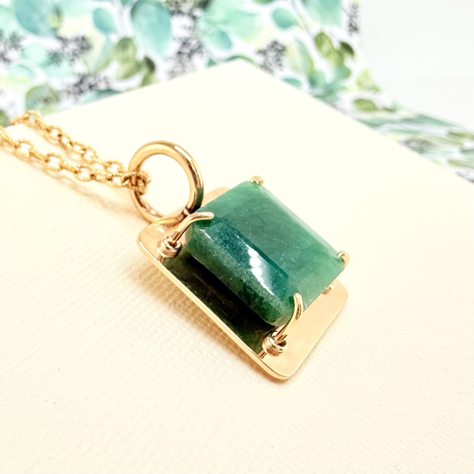 14k Yellow Gold Genuine Emerald Modernist Unisex Pendant, Newly Handcrafted - Picture 6 of 10