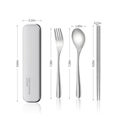 Titanium cutlery set, travel cutlery with box, including titanium fork, chopsticks and spoon, packed in a handbag, portable, suitable for school, work, picnic, camping use Additional Image