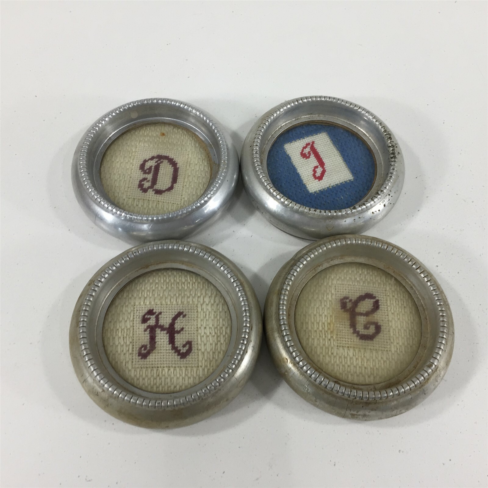 (4) Vintage Silver Plate Coasters Needlepoint Letters D H J C - Thumbnail 2