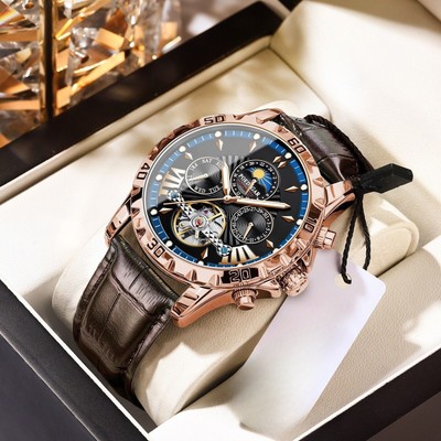 Mens Watch Automatic Mechanical Leather Waterproof Luminous Calendar Wristwatch