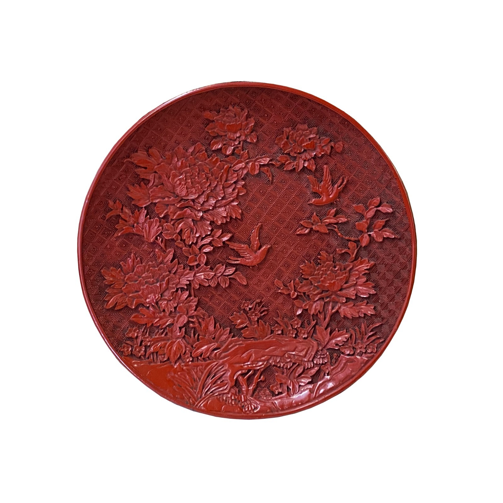 Chinese Red Resin Lacquer Round Flower Bird Relief Carving Accent Plate ws3350S Chinese Red Resin Lacquer Round Flower Bird Relief Carving Accent Plate ws3350S