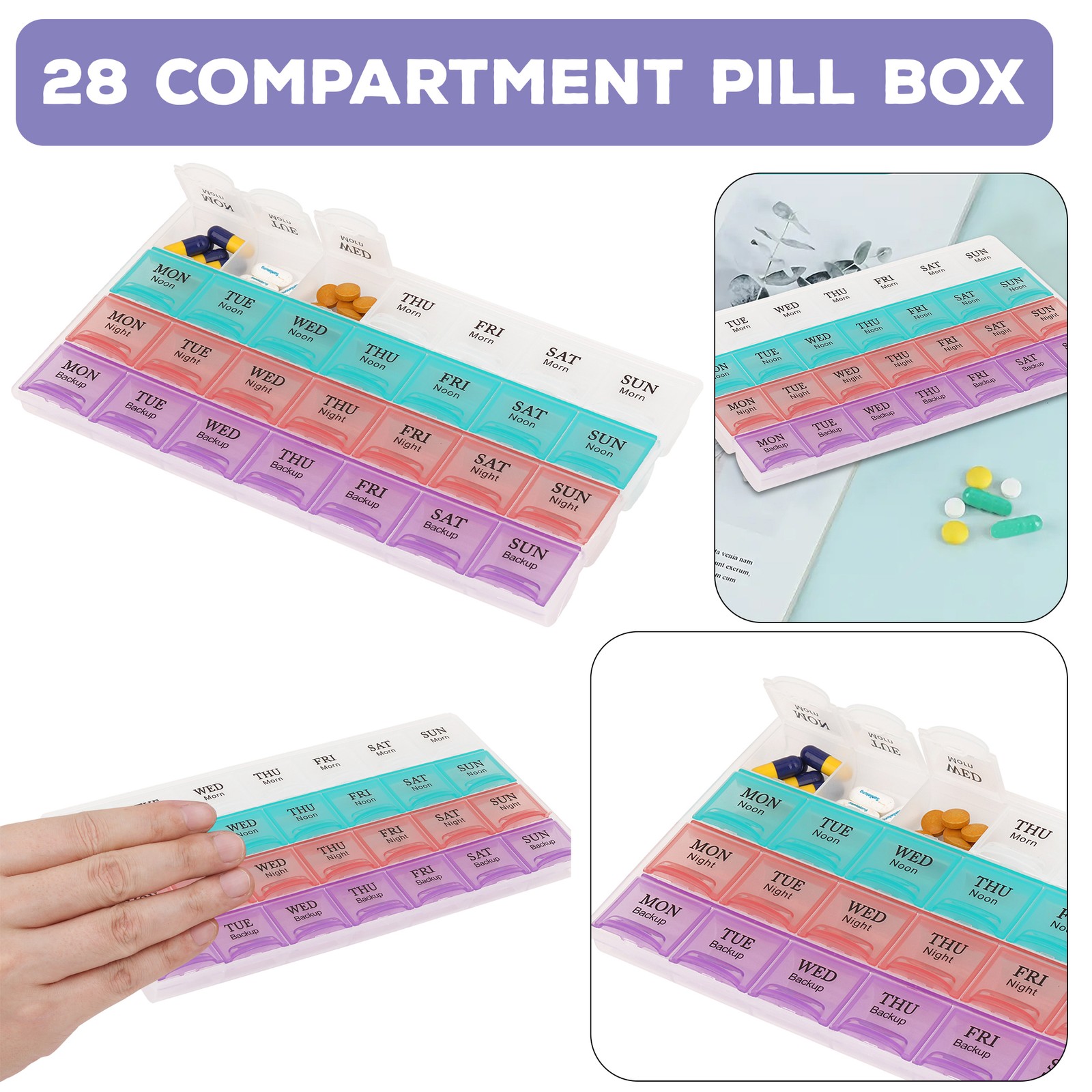 28-Slot Wöchentlich Pillenhülle Morgen Mittag Nacht Extra Fächer Ordner Box