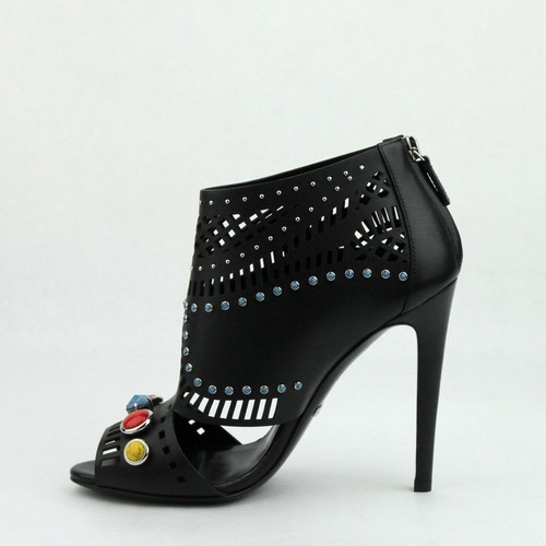 Pre-owned Gucci Women's Black Leather Open Toe W/jewels Zipper Heel Boots 374743 1000