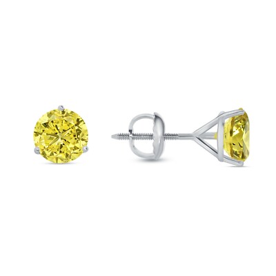 Pre-owned Shine Brite With A Diamond 3 Ct Round Canary Earrings Studs Solid Real 18k White Gold Screw Back Martini