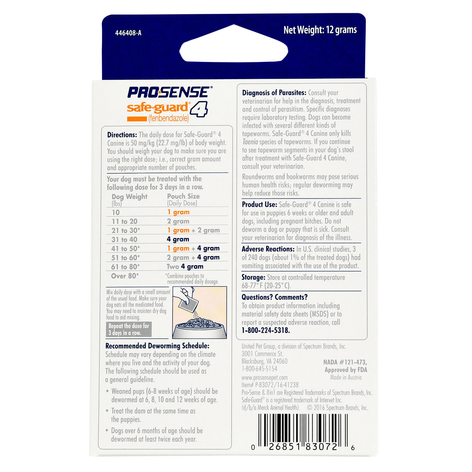 Pro-Sense Dog Dewormer Solutions Safe-Guard 3 Day Treatment Tapeworm Roundworm